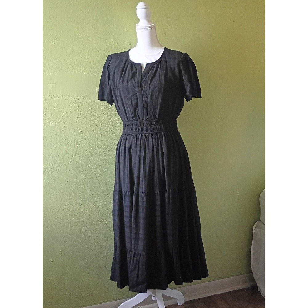 Teacher Dress w/ Pockets Black Midi Dress Short Sleeve Smocked Tiered Boho Large